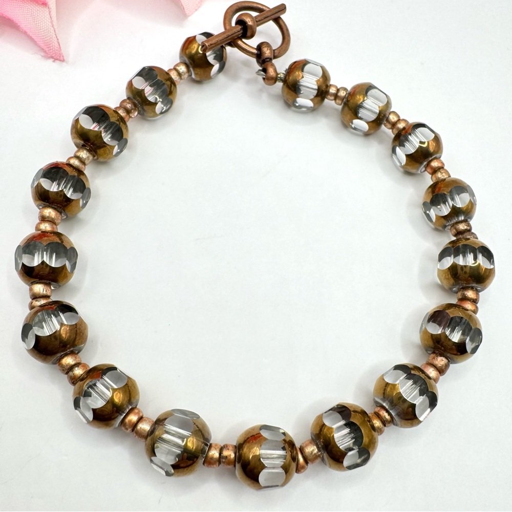 Cut Glass Round Bead Bracelet Copper Tone Electroplated Toggle Clasp 8” Length